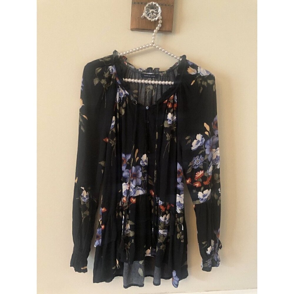 American Eagle Outfitters Size S Black Floral Tunic Top Boho Ruffles Long Sleeve